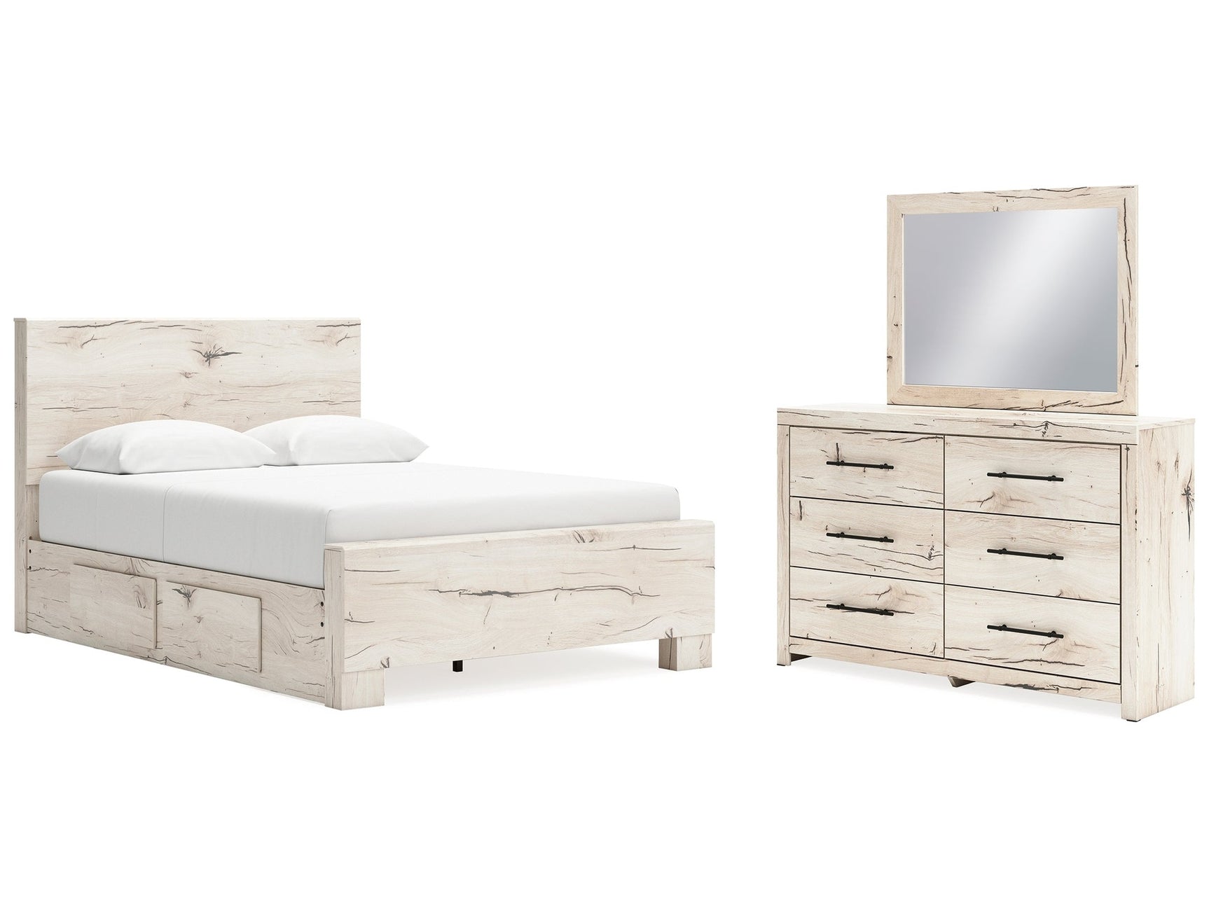 Lawroy Light Natural Queen Panel Bed w/2 Storage & Dresser & Mirror - Ornate Home