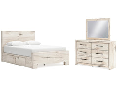 Lawroy Light Natural Queen Panel Bed w/2 Storage & Dresser & Mirror - Ornate Home
