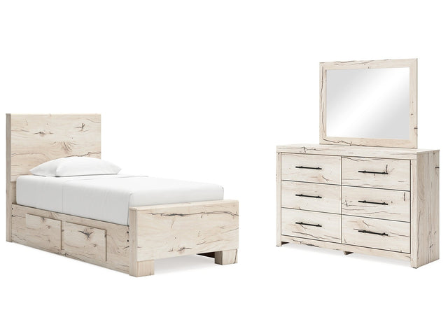 Lawroy Light Natural Twin Panel Bed w/Storage & Dresser & Mirror (Online Special Price) - Ornate Home