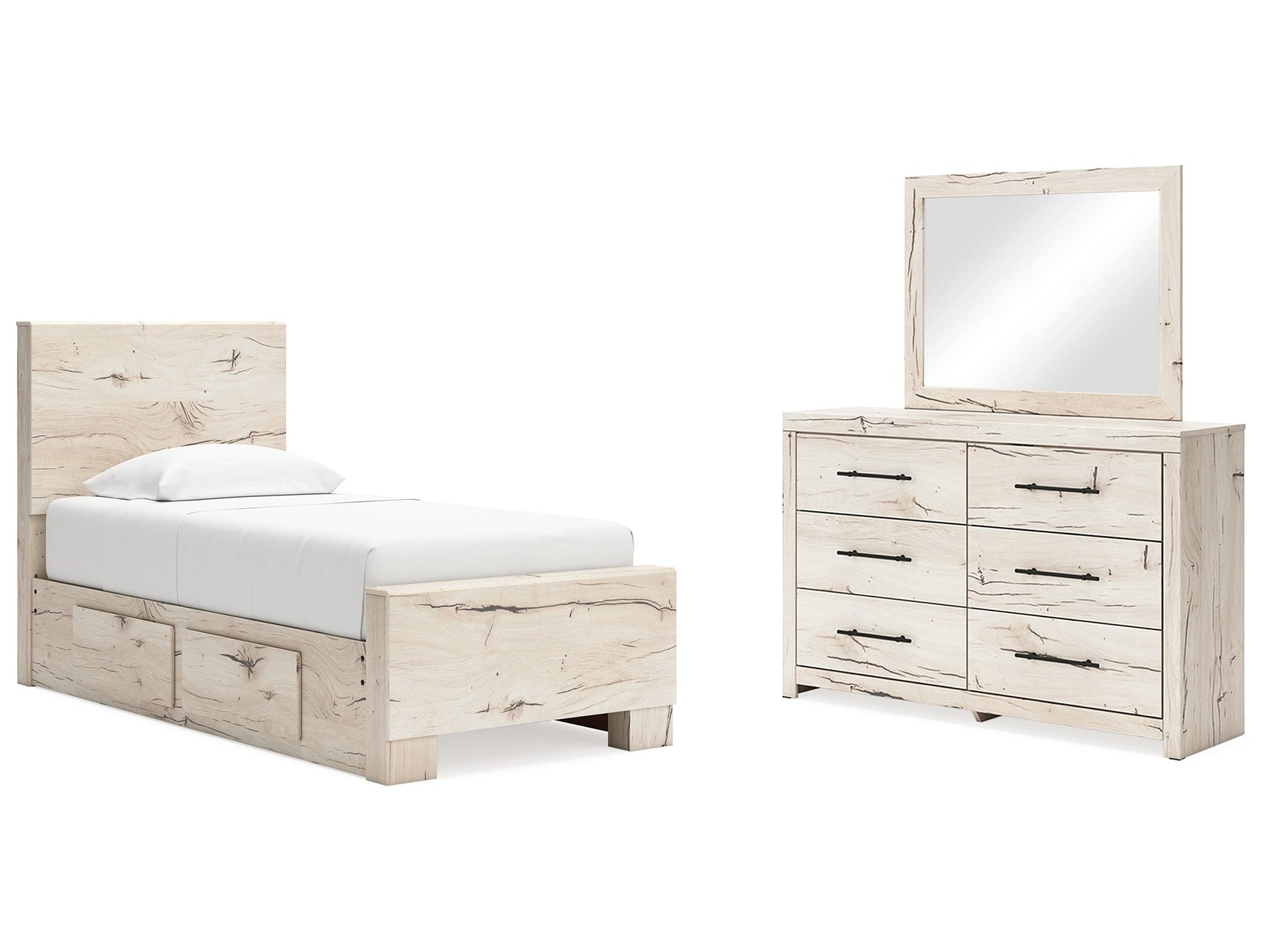 Lawroy Light Natural Twin Panel Bed w/Storage & Dresser & Mirror - Ornate Home