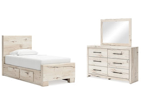 Lawroy Light Natural Twin Panel Bed w/Storage & Dresser & Mirror - Ornate Home