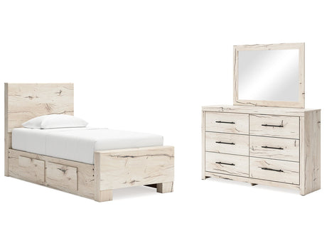 Lawroy Light Natural Twin Panel Bed w/Storage & Dresser & Mirror - Ornate Home