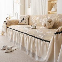 Leaf Jacquard Sofa Cover with Ruffle Skirt – Non-Slip Couch Protector with Sheer Hem - Ornate Home