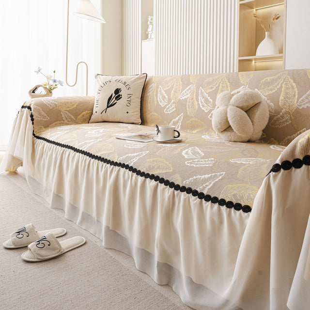 Leaf Jacquard Sofa Cover with Ruffle Skirt – Non-Slip Couch Protector with Sheer Hem - Ornate Home
