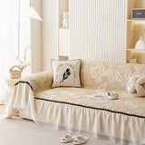Leaf Jacquard Sofa Cover with Ruffle Skirt – Non-Slip Couch Protector with Sheer Hem - Ornate Home