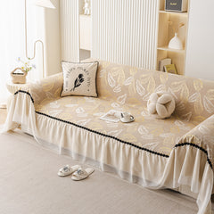 Leaf Jacquard Sofa Cover with Ruffle Skirt – Non-Slip Couch Protector with Sheer Hem - Ornate Home