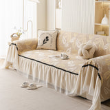 Leaf Jacquard Sofa Cover with Ruffle Skirt – Non-Slip Couch Protector with Sheer Hem - Ornate Home