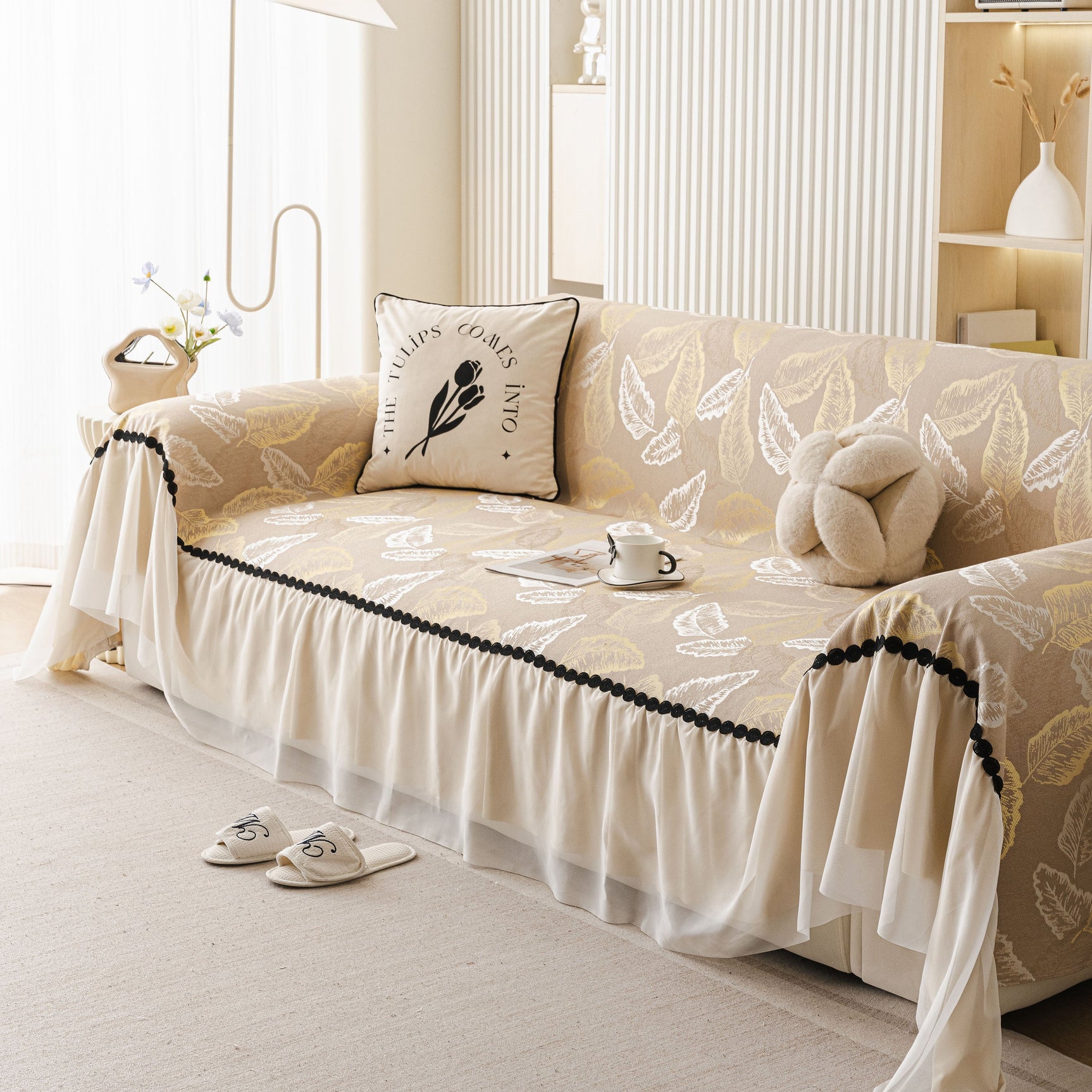 Leaf Jacquard Sofa Cover with Ruffle Skirt – Non-Slip Couch Protector with Sheer Hem - Ornate Home