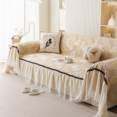 Leaf Jacquard Sofa Cover with Ruffle Skirt – Non-Slip Couch Protector with Sheer Hem - Ornate Home