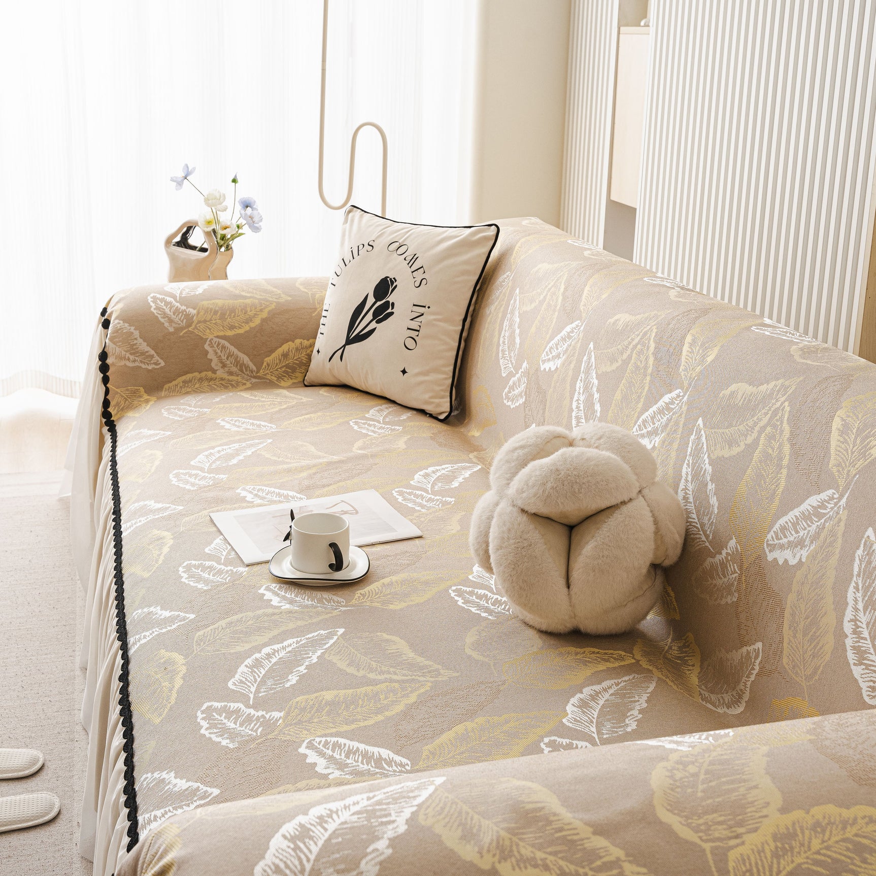 Leaf Jacquard Sofa Cover with Ruffle Skirt – Non-Slip Couch Protector with Sheer Hem - Ornate Home