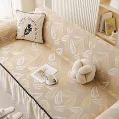 Leaf Jacquard Sofa Cover with Ruffle Skirt – Non-Slip Couch Protector with Sheer Hem - Ornate Home