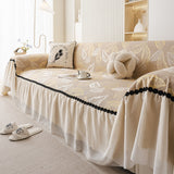 Leaf Jacquard Sofa Cover with Ruffle Skirt – Non-Slip Couch Protector with Sheer Hem - Ornate Home