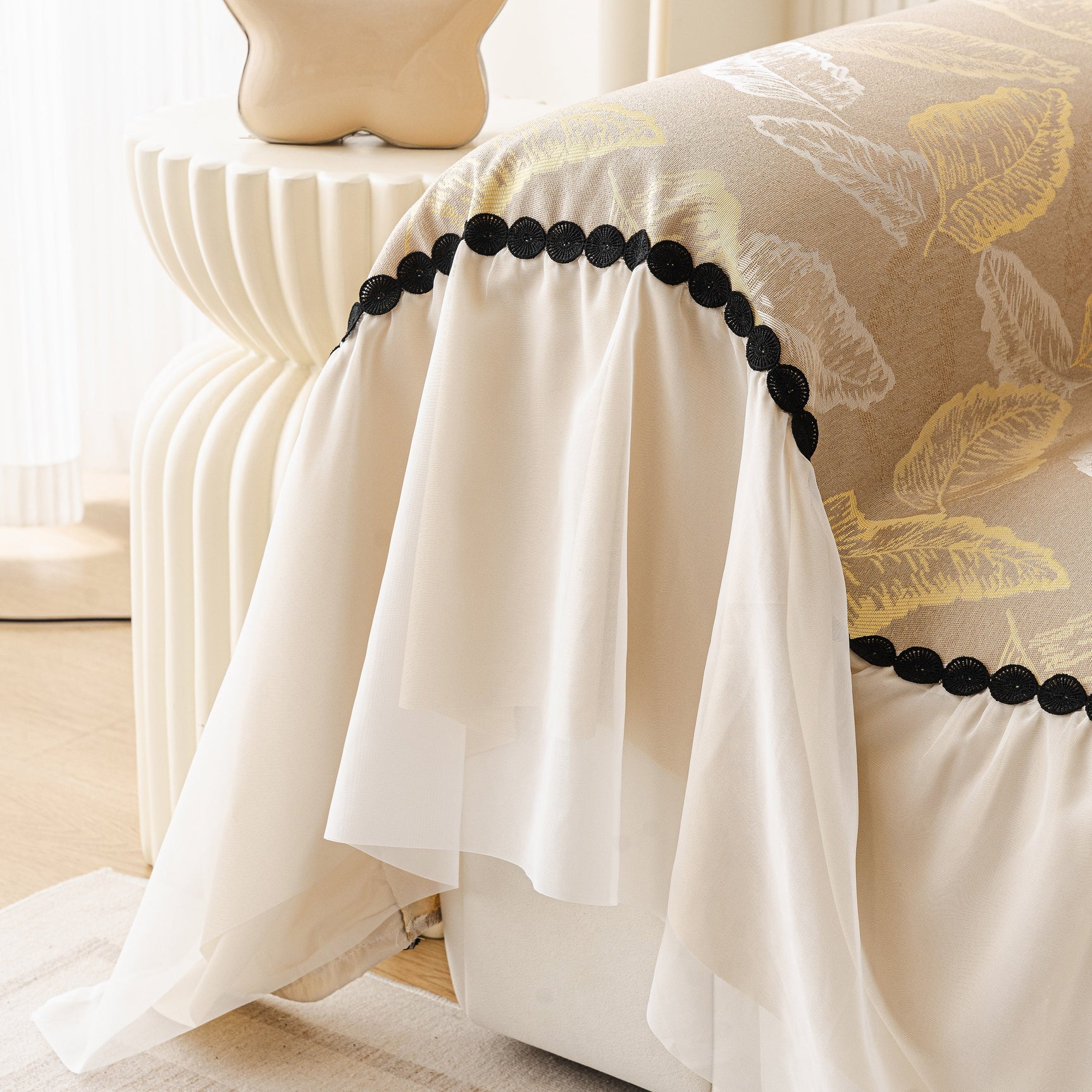 Leaf Jacquard Sofa Cover with Ruffle Skirt – Non-Slip Couch Protector with Sheer Hem - Ornate Home