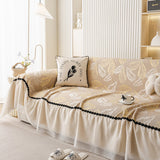 Leaf Jacquard Sofa Cover with Ruffle Skirt – Non-Slip Couch Protector with Sheer Hem - Ornate Home
