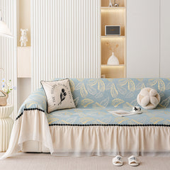 Leaf Jacquard Sofa Cover with Ruffle Skirt – Non-Slip Couch Protector with Sheer Hem - Ornate Home