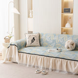 Leaf Jacquard Sofa Cover with Ruffle Skirt – Non-Slip Couch Protector with Sheer Hem - Ornate Home