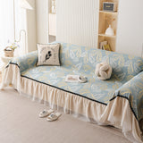 Leaf Jacquard Sofa Cover with Ruffle Skirt – Non-Slip Couch Protector with Sheer Hem - Ornate Home