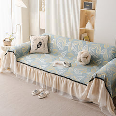 Leaf Jacquard Sofa Cover with Ruffle Skirt – Non-Slip Couch Protector with Sheer Hem - Ornate Home