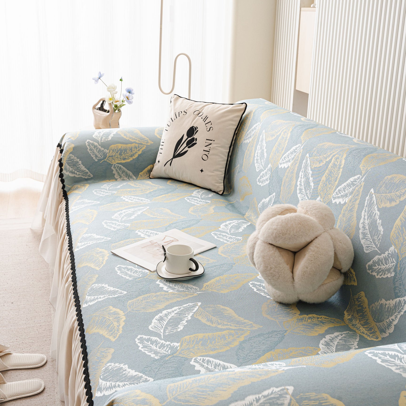 Leaf Jacquard Sofa Cover with Ruffle Skirt – Non-Slip Couch Protector with Sheer Hem - Ornate Home