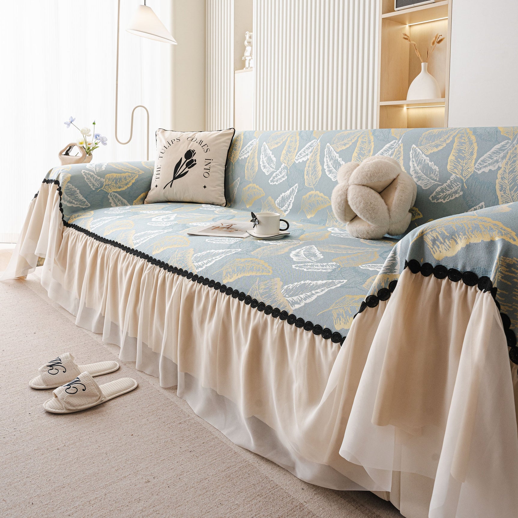 Leaf Jacquard Sofa Cover with Ruffle Skirt – Non-Slip Couch Protector with Sheer Hem - Ornate Home