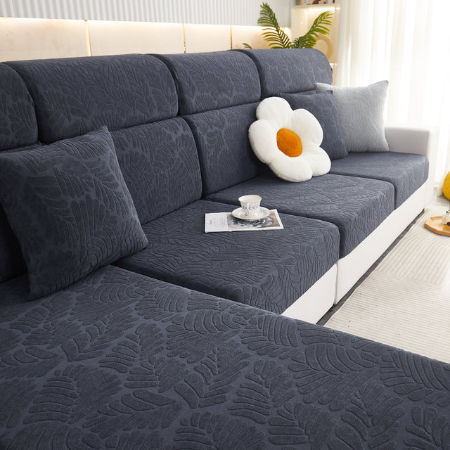 Leaf Pattern Jacquard Fabric Stretchable Cushion Cover, Non-Slip Furniture Protector for Kids, L Shaped Couch Covers - Ornate Home