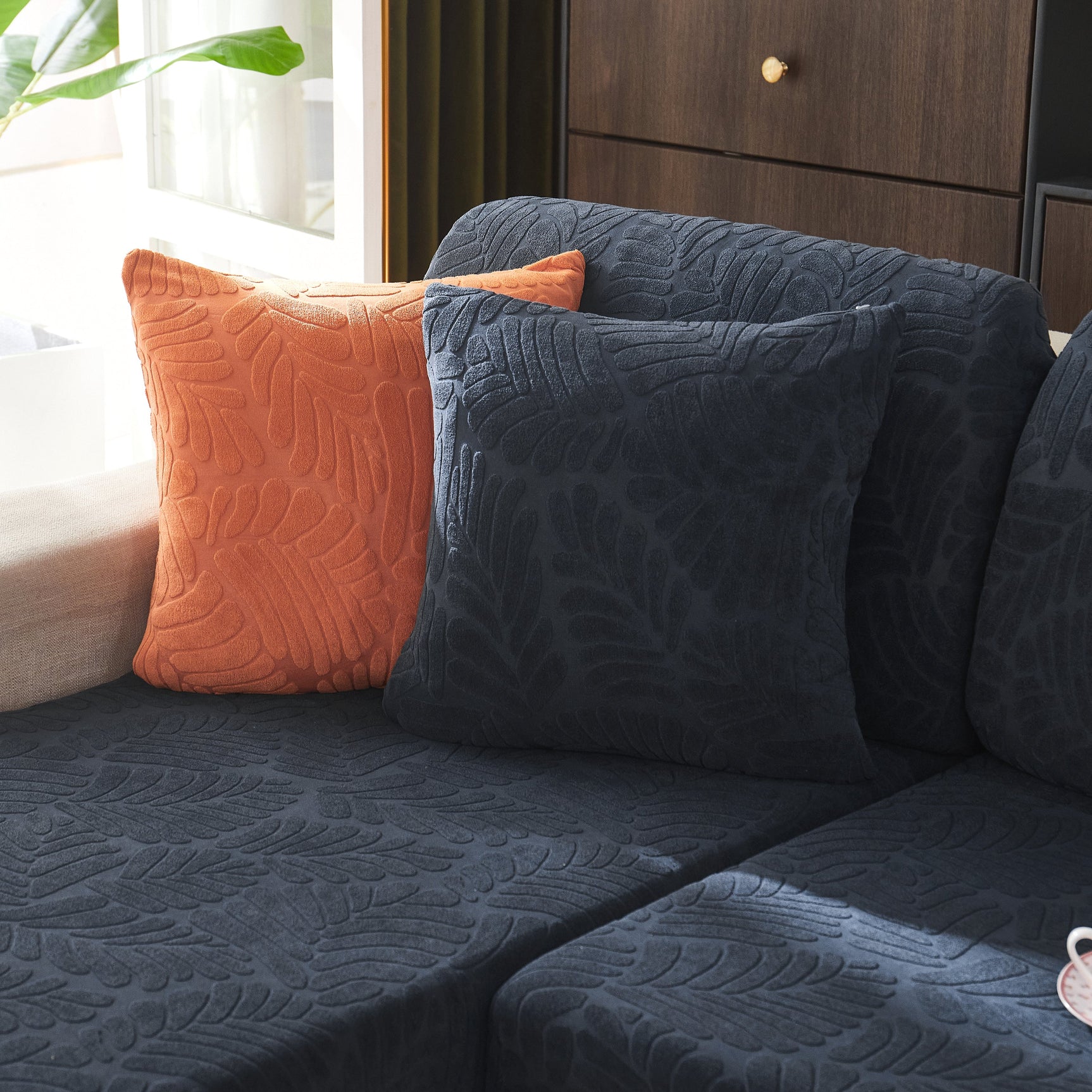 Leaf Pattern Jacquard Fabric Stretchable Cushion Cover, Non-Slip Furniture Protector for Kids, L Shaped Couch Covers - Ornate Home