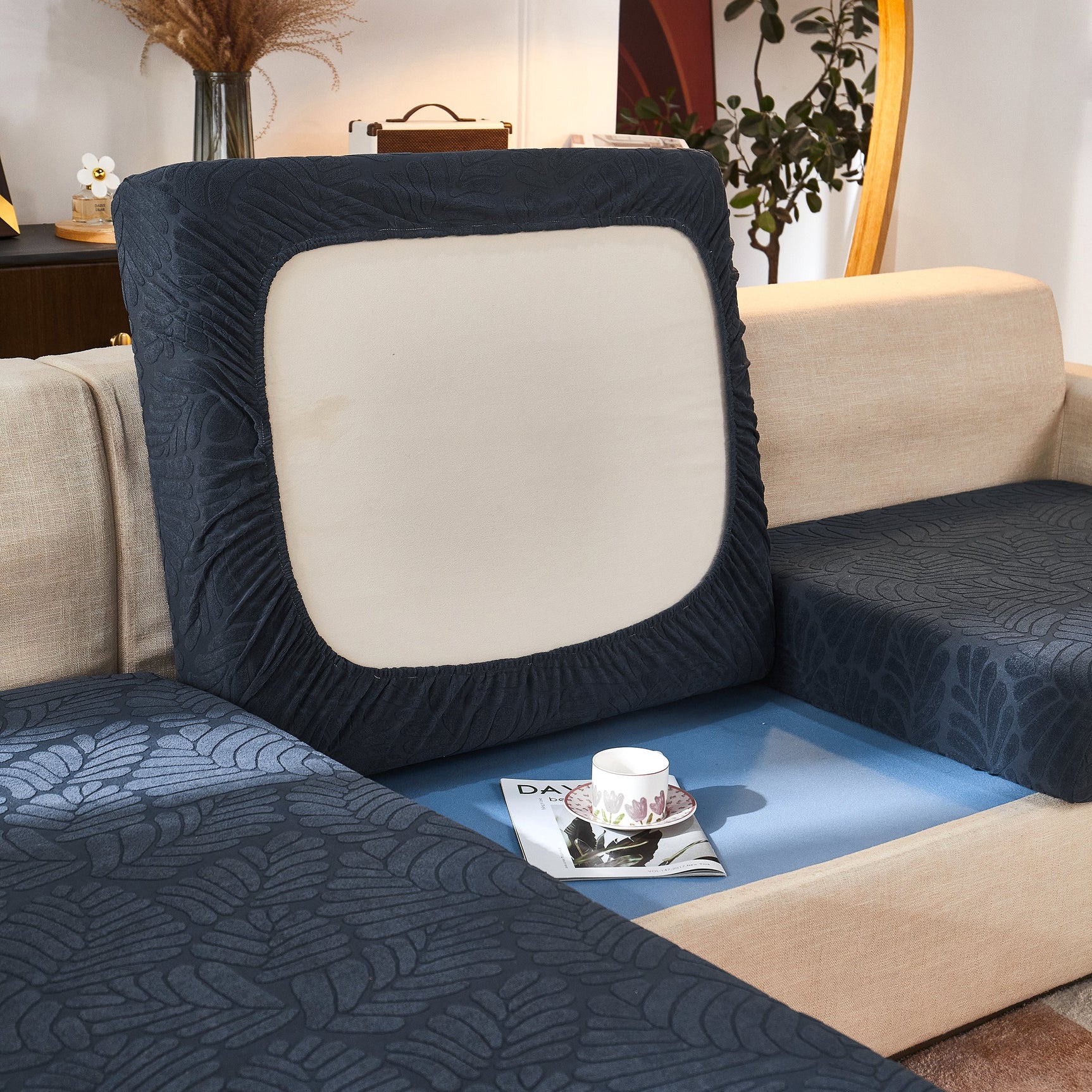 Leaf Pattern Jacquard Fabric Stretchable Cushion Cover, Non-Slip Furniture Protector for Kids, L Shaped Couch Covers - Ornate Home