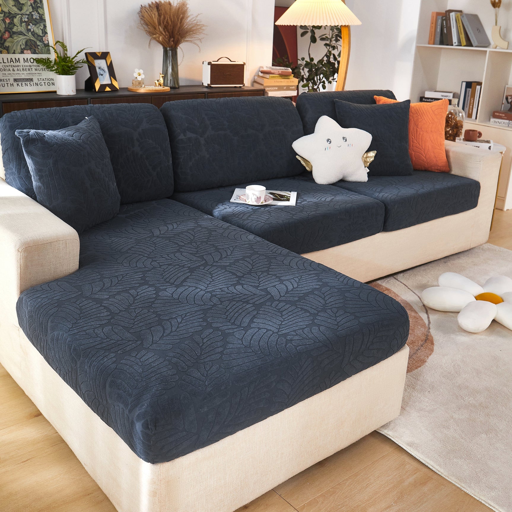 Leaf Pattern Jacquard Fabric Stretchable Cushion Cover, Non-Slip Furniture Protector for Kids, L Shaped Couch Covers - Ornate Home