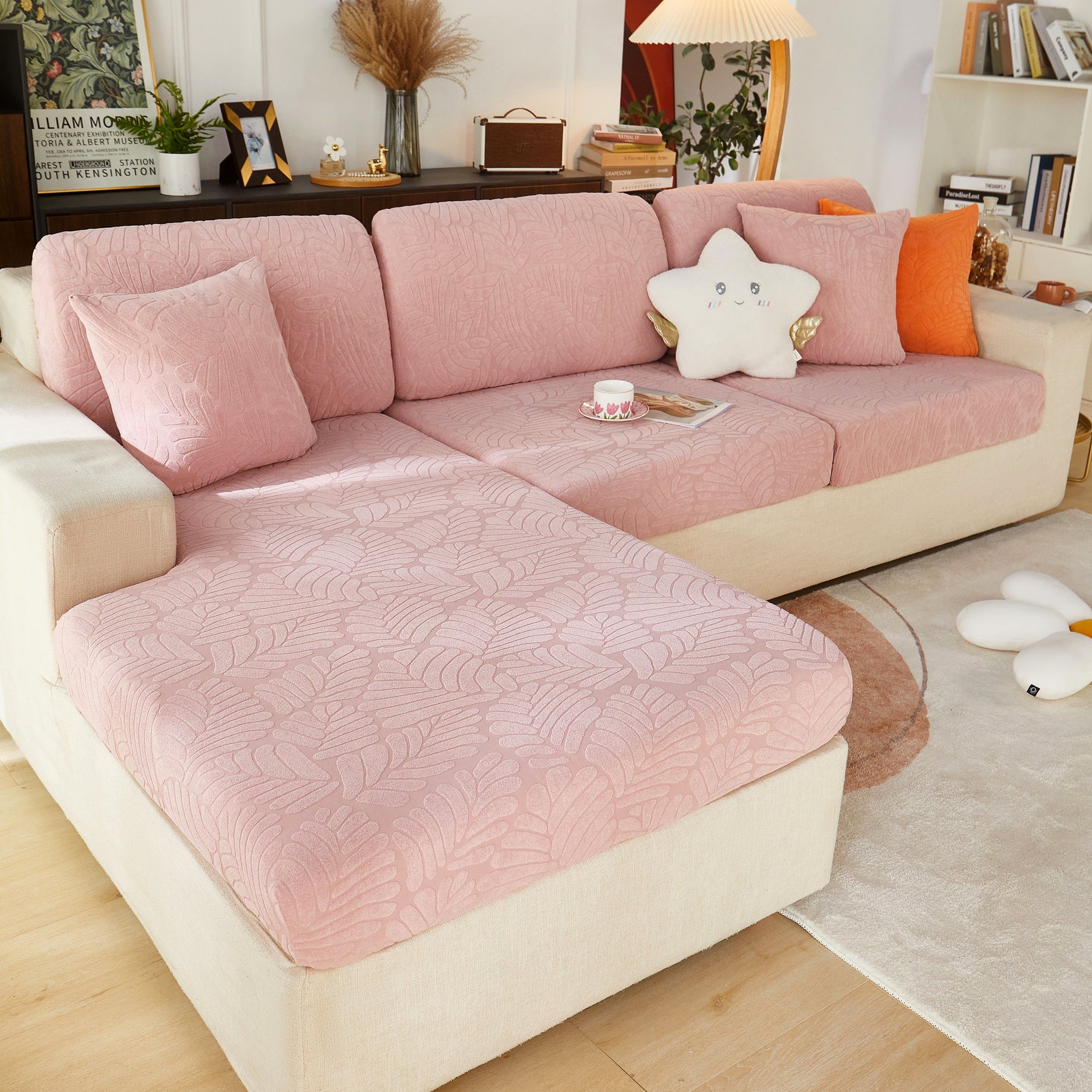 Leaf Pattern Jacquard Fabric Stretchable Cushion Cover, Non-Slip Furniture Protector for Kids, L Shaped Couch Covers - Ornate Home