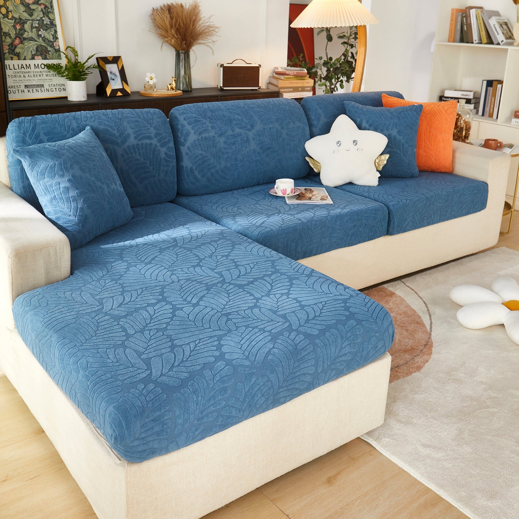 Leaf Pattern Jacquard Fabric Stretchable Cushion Cover, Non-Slip Furniture Protector for Kids, L Shaped Couch Covers - Ornate Home