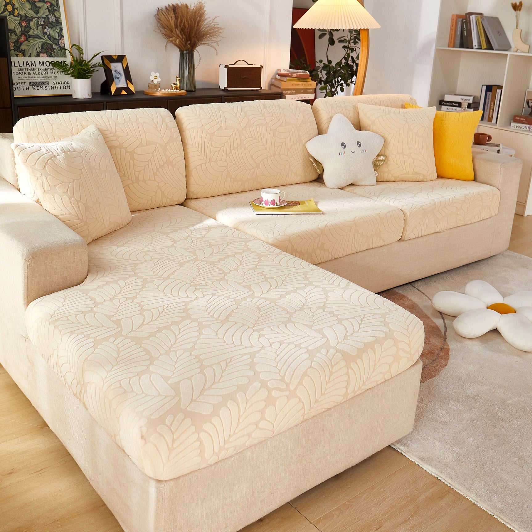 Leaf Pattern Jacquard Fabric Stretchable Cushion Cover, Non-Slip Furniture Protector for Kids, L Shaped Couch Covers - Ornate Home