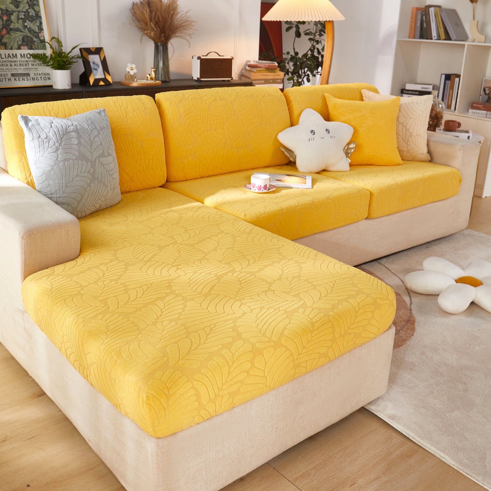 Leaf Pattern Jacquard Fabric Stretchable Cushion Cover, Non-Slip Furniture Protector for Kids, L Shaped Couch Covers - Ornate Home
