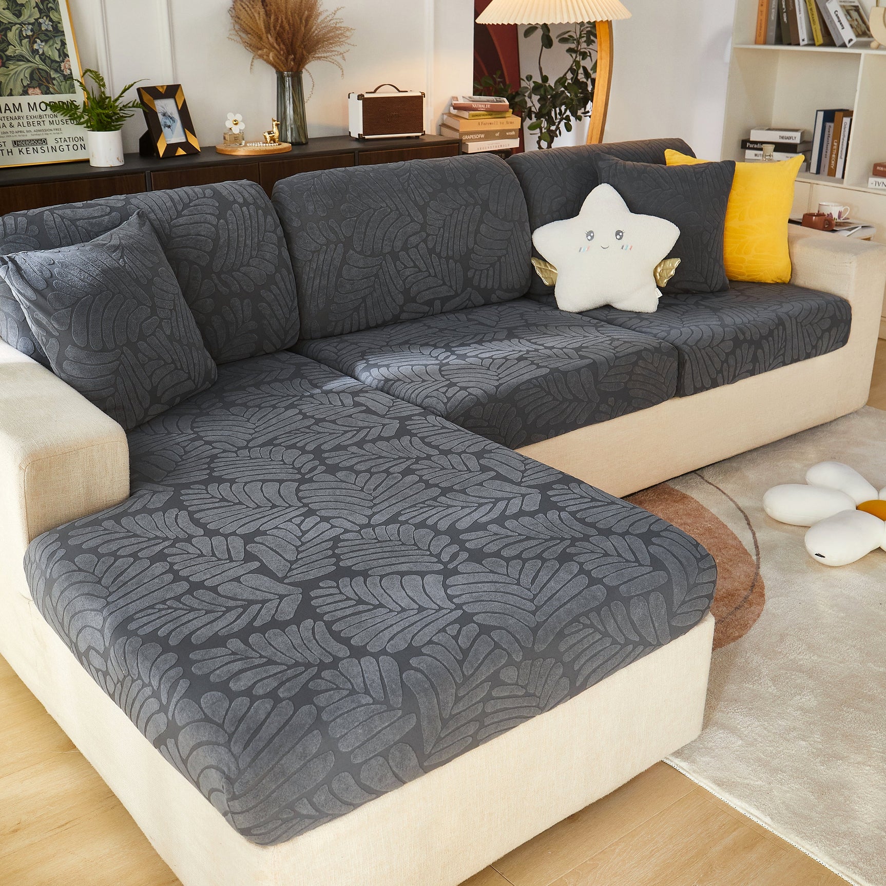Leaf Pattern Jacquard Fabric Stretchable Cushion Cover, Non-Slip Furniture Protector for Kids, L Shaped Couch Covers - Ornate Home