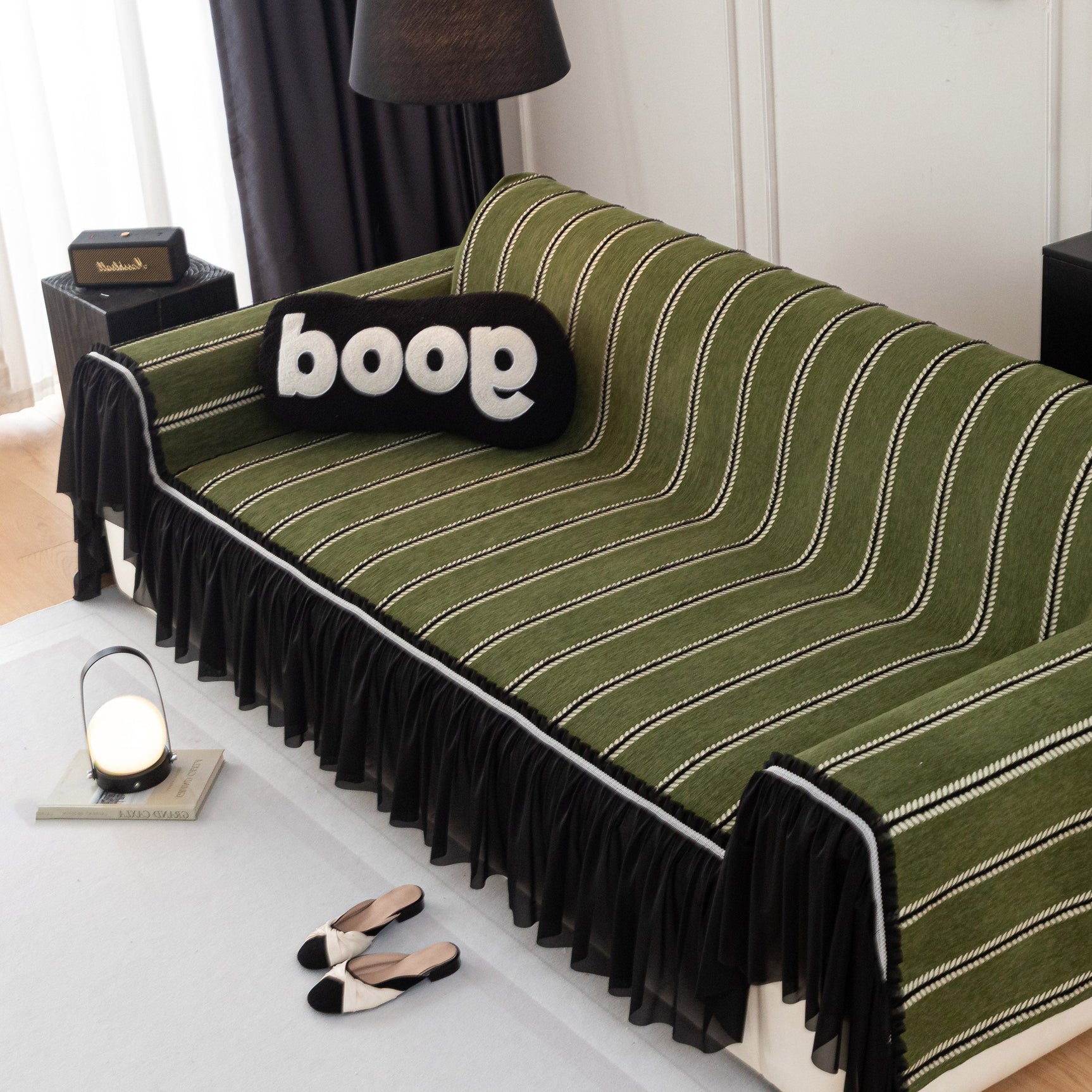 Leaf Stripe Sofa Cover with Black Sheer Skirt, Boho Soft Couch Slipcover for Pets - Ornate Home
