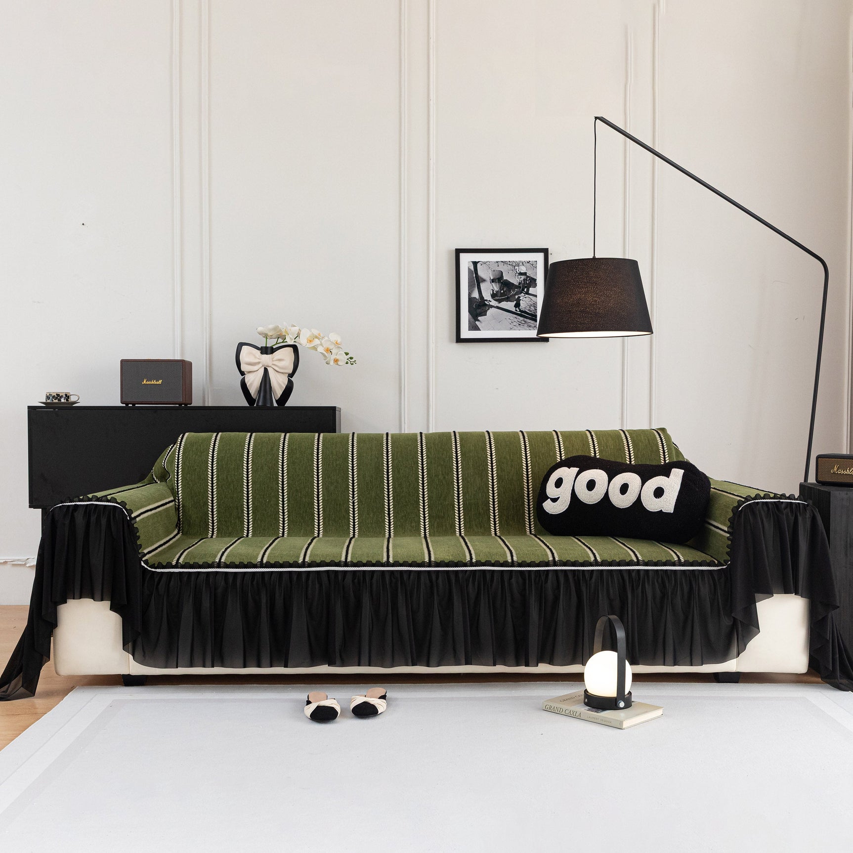 Leaf Stripe Sofa Cover with Black Sheer Skirt, Boho Soft Couch Slipcover for Pets - Ornate Home