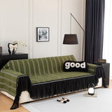Leaf Stripe Sofa Cover with Black Sheer Skirt, Boho Soft Couch Slipcover for Pets - Ornate Home