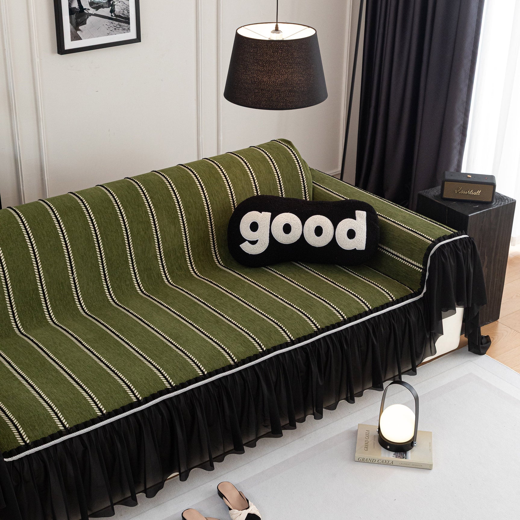 Leaf Stripe Sofa Cover with Black Sheer Skirt, Boho Soft Couch Slipcover for Pets - Ornate Home
