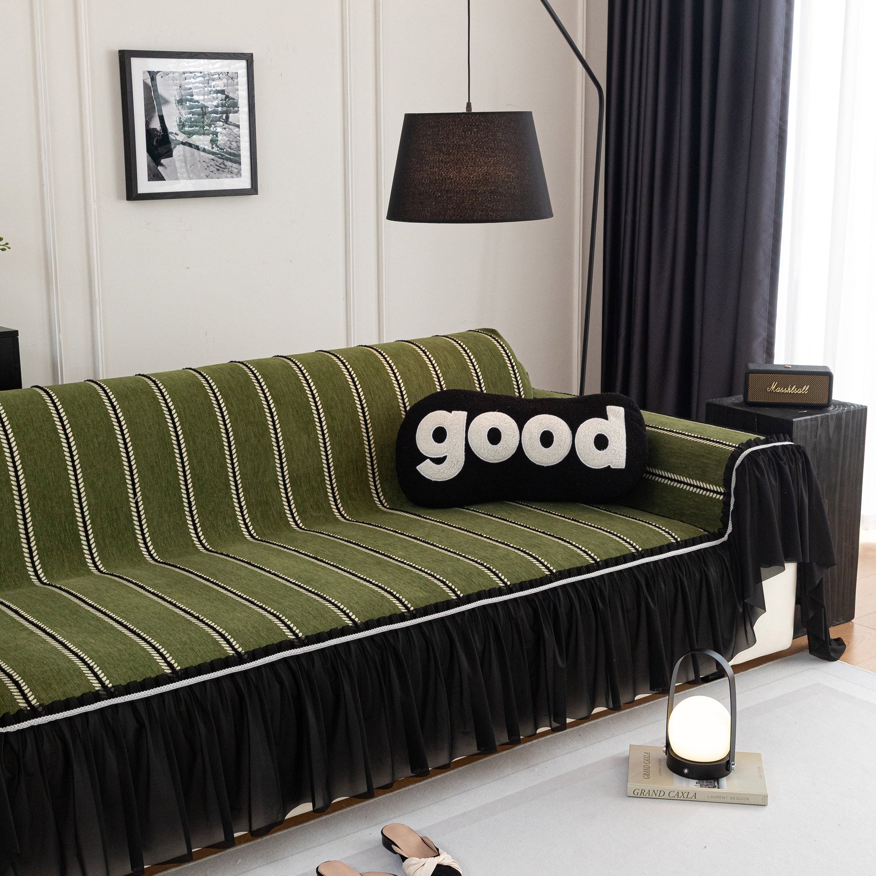 Leaf Stripe Sofa Cover with Black Sheer Skirt, Boho Soft Couch Slipcover for Pets - Ornate Home