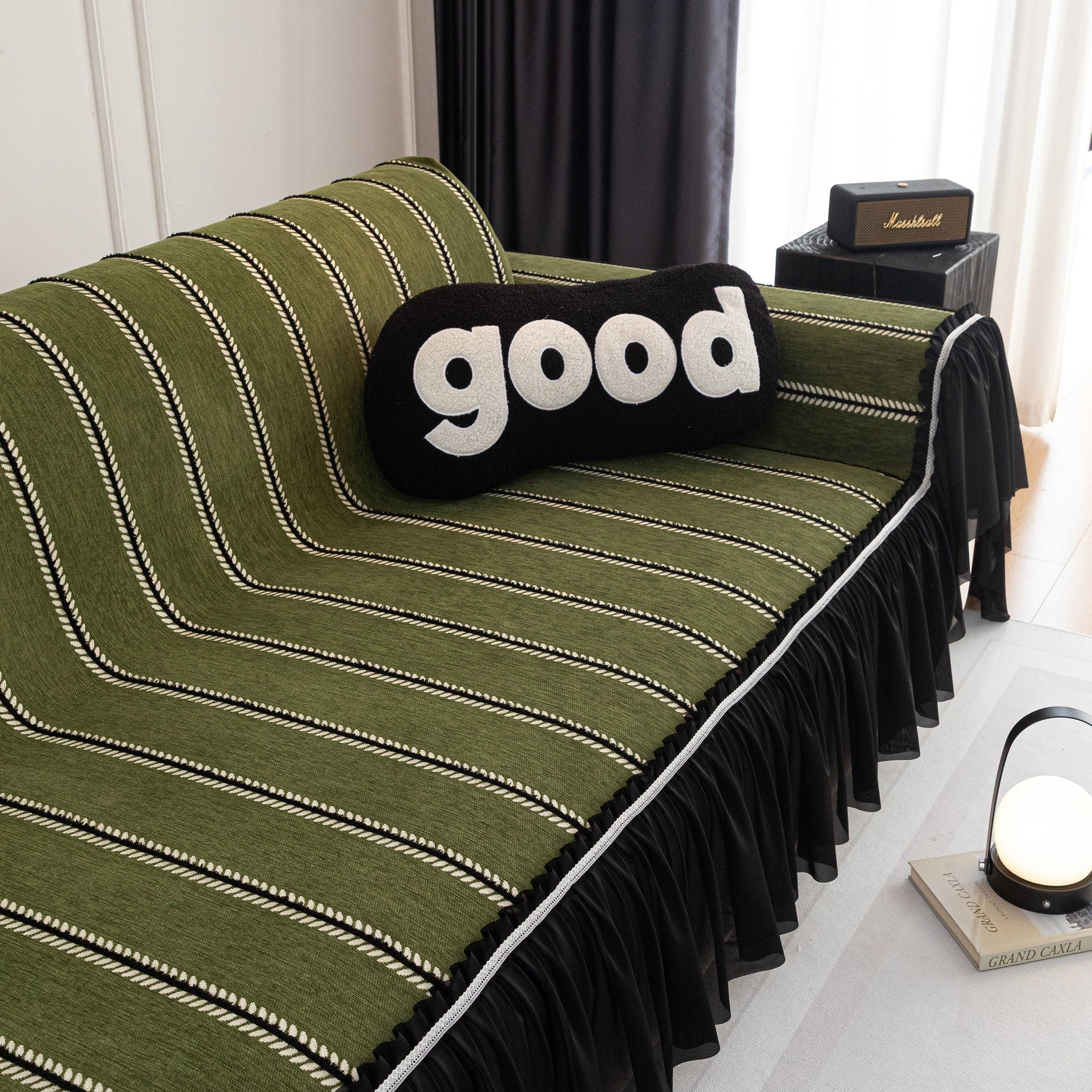 Leaf Stripe Sofa Cover with Black Sheer Skirt, Boho Soft Couch Slipcover for Pets - Ornate Home
