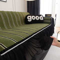 Leaf Stripe Sofa Cover with Black Sheer Skirt, Boho Soft Couch Slipcover for Pets - Ornate Home