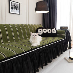 Leaf Stripe Sofa Cover with Black Sheer Skirt, Boho Soft Couch Slipcover for Pets - Ornate Home