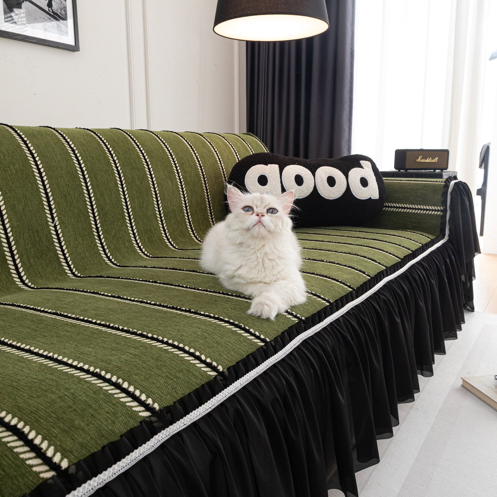Leaf Stripe Sofa Cover with Black Sheer Skirt, Boho Soft Couch Slipcover for Pets - Ornate Home