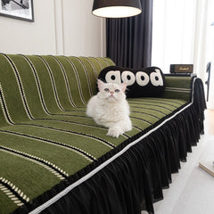 Leaf Stripe Sofa Cover with Black Sheer Skirt, Boho Soft Couch Slipcover for Pets - Ornate Home
