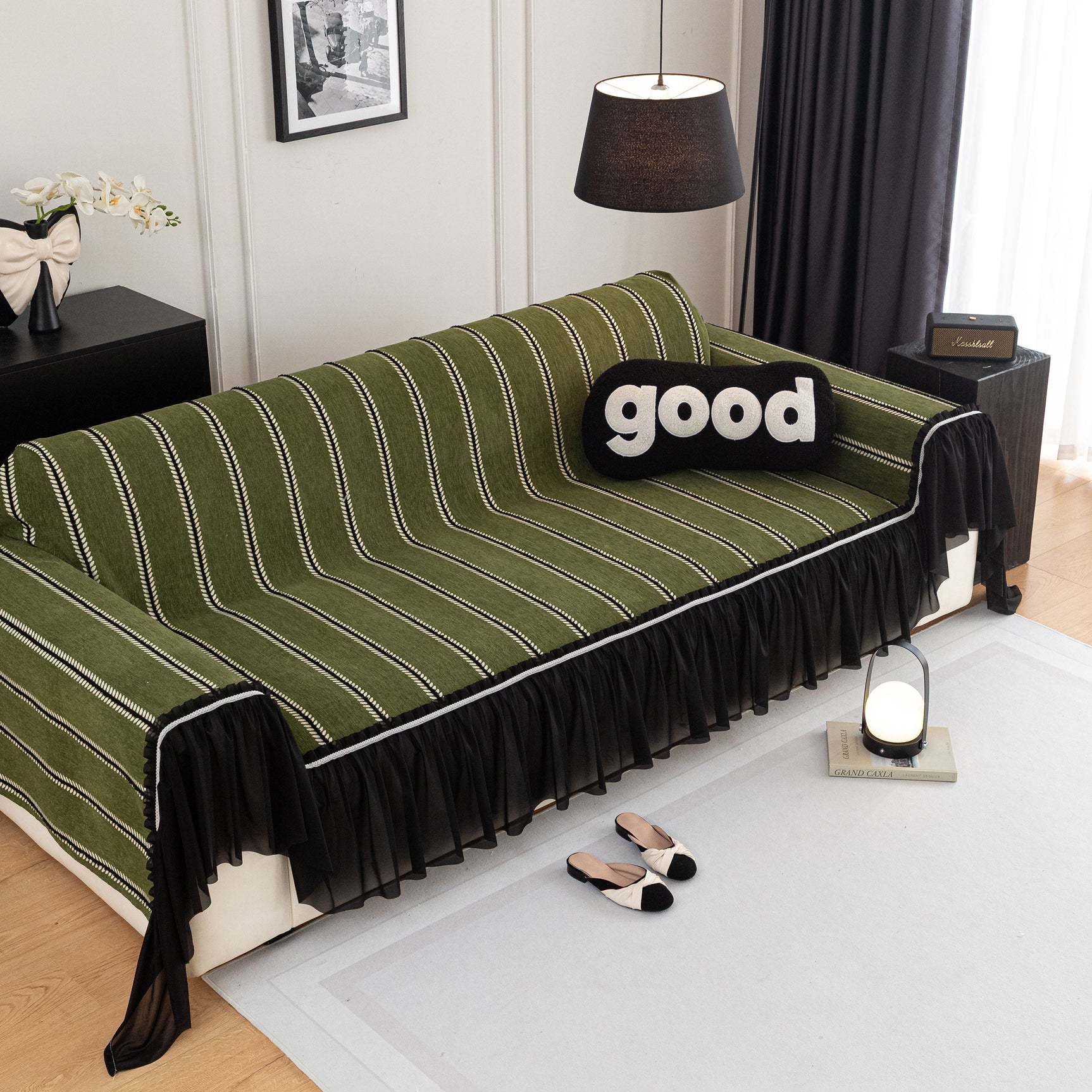 Leaf Stripe Sofa Cover with Black Sheer Skirt, Boho Soft Couch Slipcover for Pets - Ornate Home