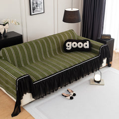 Leaf Stripe Sofa Cover with Black Sheer Skirt, Boho Soft Couch Slipcover for Pets - Ornate Home