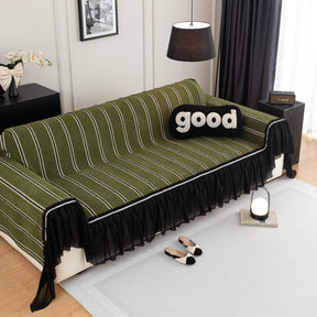 Leaf Stripe Sofa Cover with Black Sheer Skirt, Boho Soft Couch Slipcover for Pets - Ornate Home