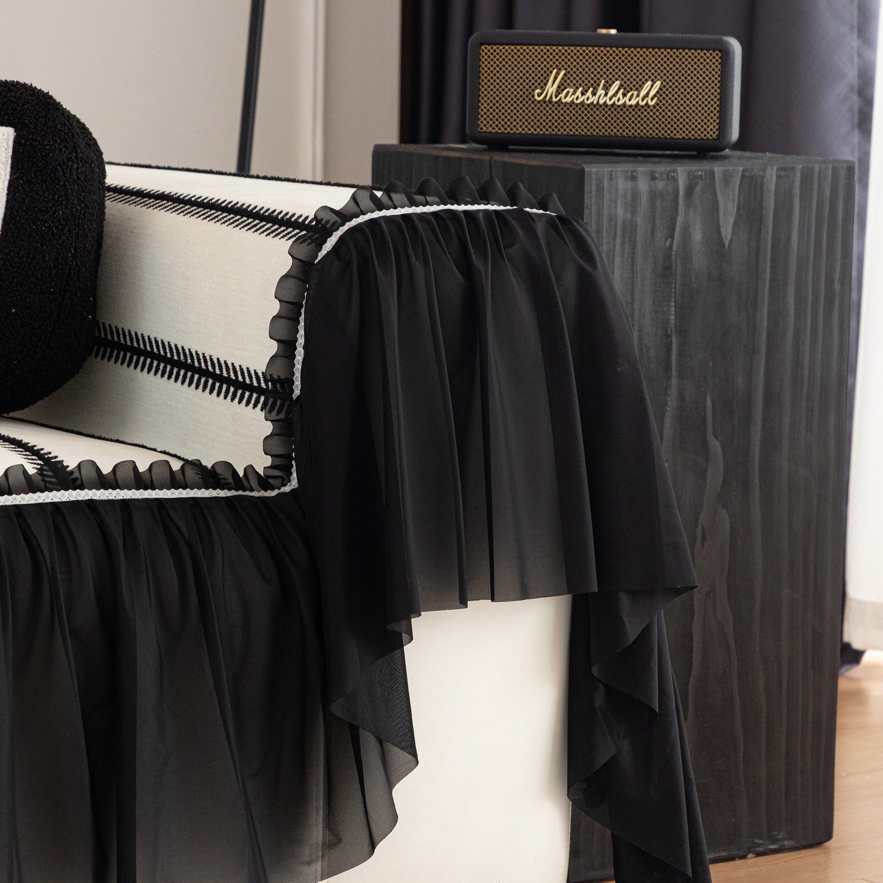 Leaf Stripe Sofa Cover with Black Sheer Skirt, Boho Soft Couch Slipcover for Pets - Ornate Home