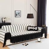Leaf Stripe Sofa Cover with Black Sheer Skirt, Boho Soft Couch Slipcover for Pets - Ornate Home