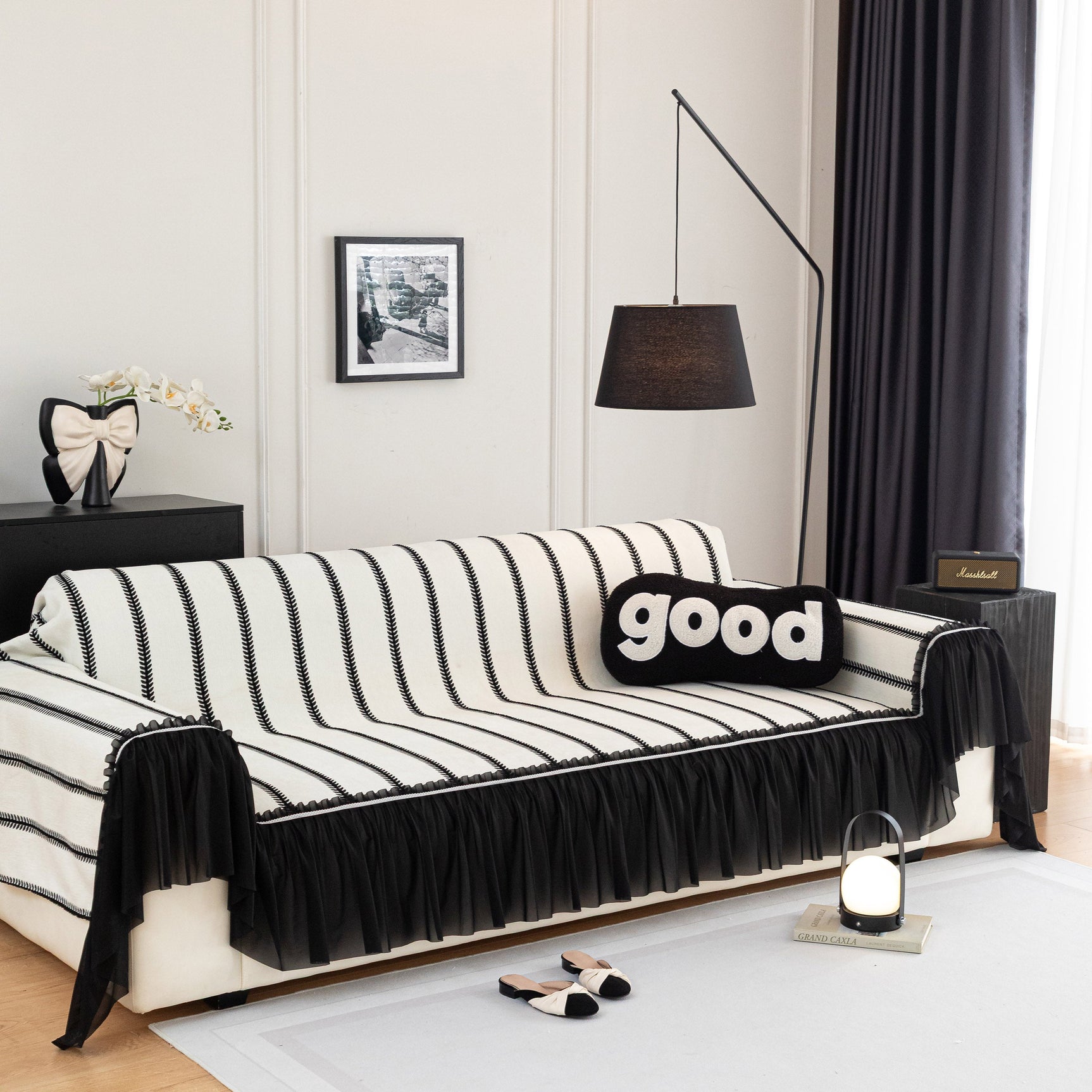 Leaf Stripe Sofa Cover with Black Sheer Skirt, Boho Soft Couch Slipcover for Pets - Ornate Home