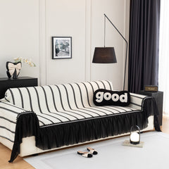 Leaf Stripe Sofa Cover with Black Sheer Skirt, Boho Soft Couch Slipcover for Pets - Ornate Home